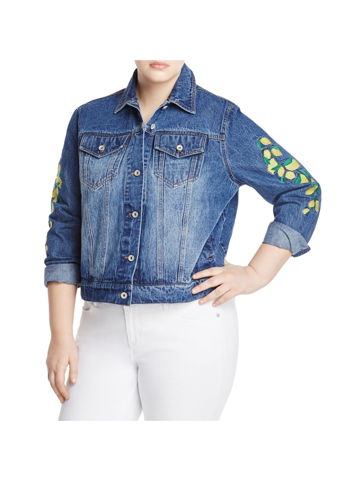BAGATELLE Womens Blue Embroidered Pocketed Cuffed Sleeve Collared Denim Jacket Plus 2X