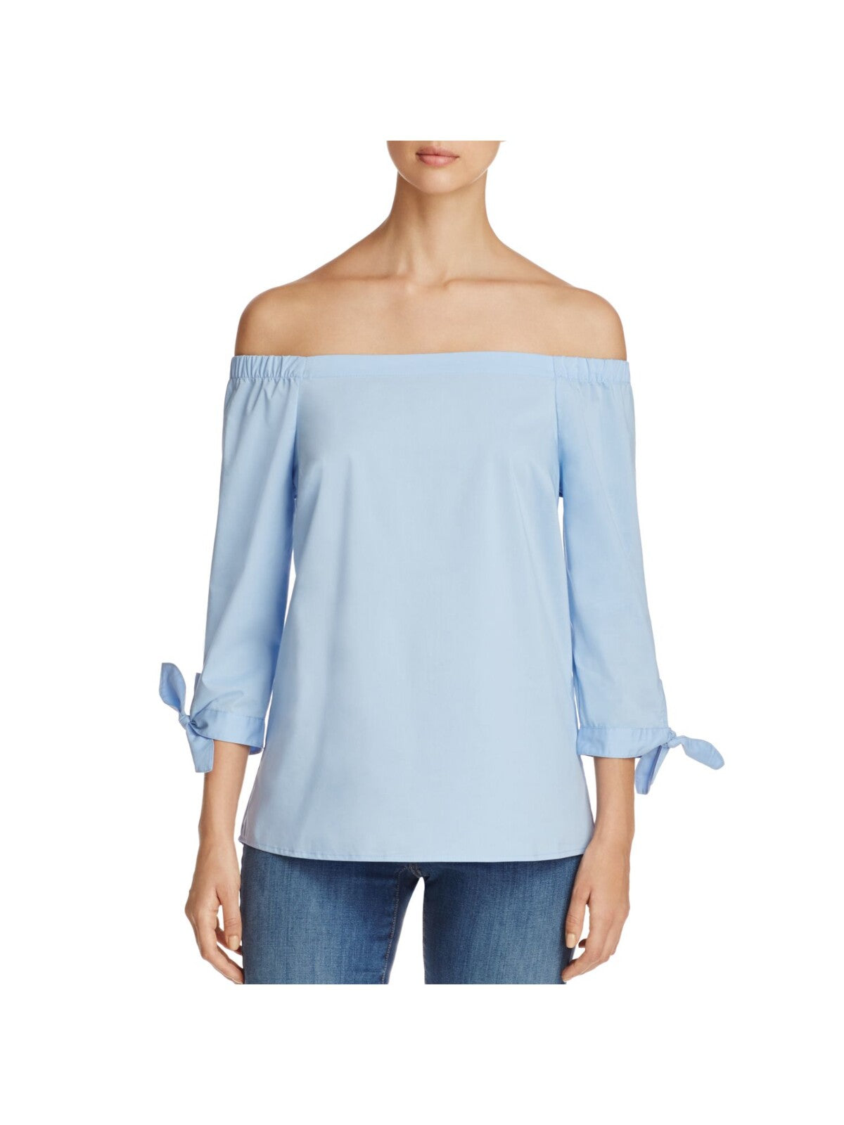 CUPIO BLUSH Womens Light Blue Tie Button Down Back 3/4 Sleeve Off Shoulder Top L