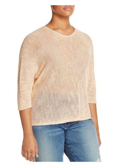 NIC+ZOE Womens Beige Sheer Open-stitch-knit 3/4 Sleeve V Neck Top Plus 3X