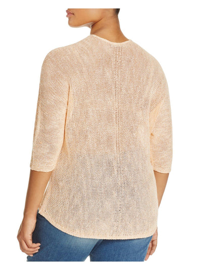 NIC+ZOE Womens Beige Sheer Open-stitch-knit 3/4 Sleeve V Neck Top Plus 3X