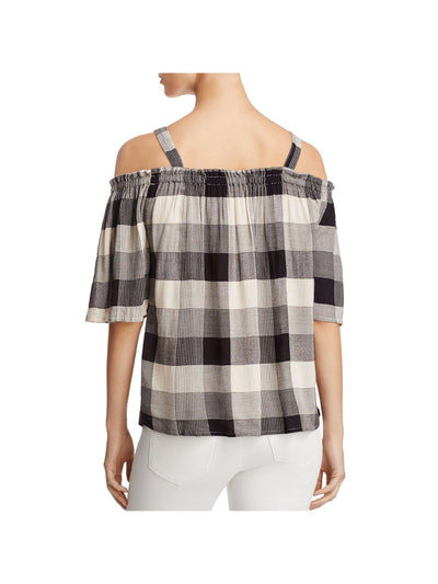 4OUR DREAMERS Womens Black Cold Shoulder Smocked Plaid Bell Sleeve Square Neck Peasant Top L