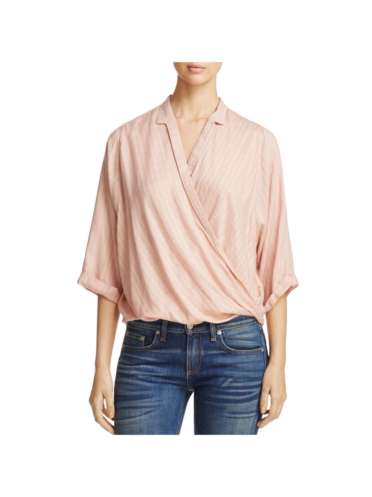 ELAN Womens Pink 3/4 Sleeve Surplice Neckline Faux Wrap Top S