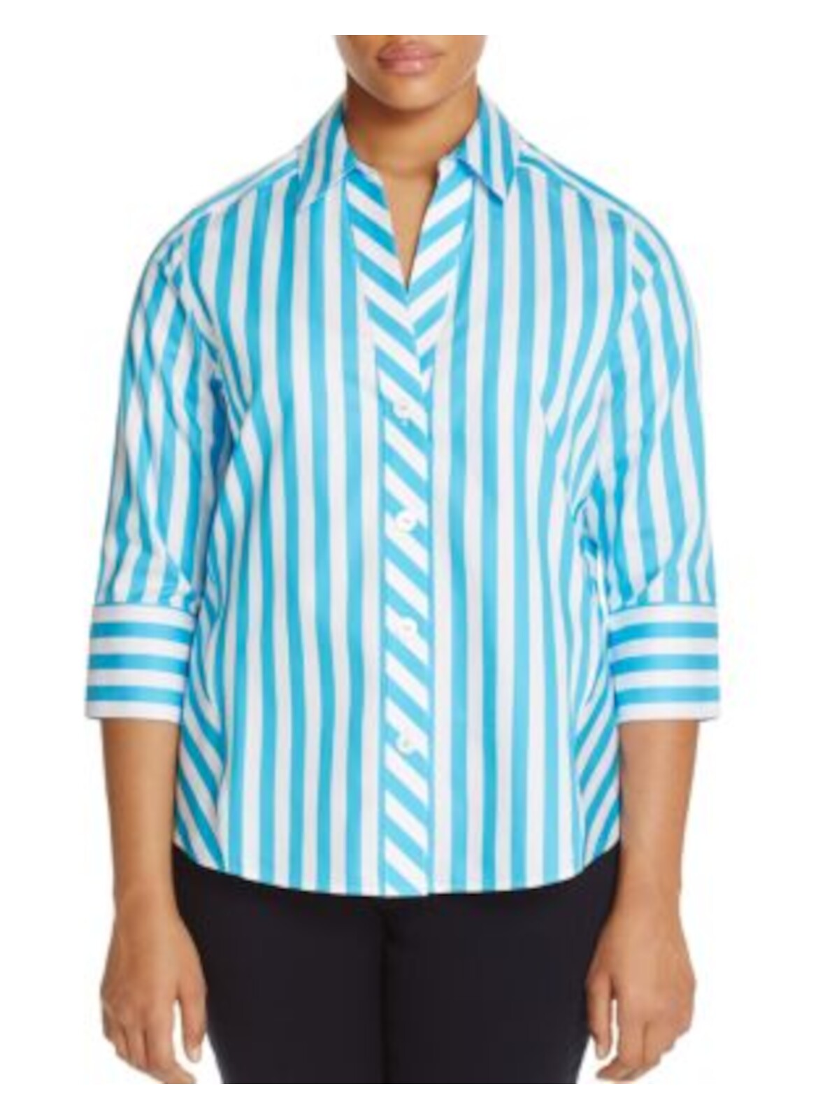 FOXCROFT Womens Blue Stretch Striped 3/4 Sleeve Collared Button Up Top Plus 20W