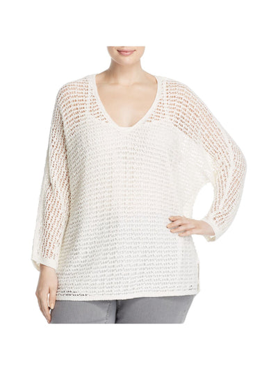 NIC+ZOE Womens Ivory Long Sleeve V Neck Party Top 2X