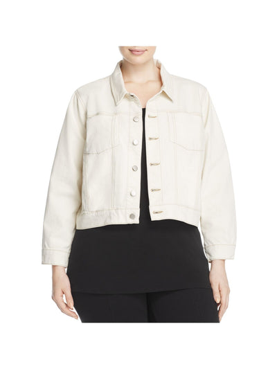 EILEEN FISHER Womens Ivory Denim Pocketed Button Cropped Denim Jacket Plus 2X