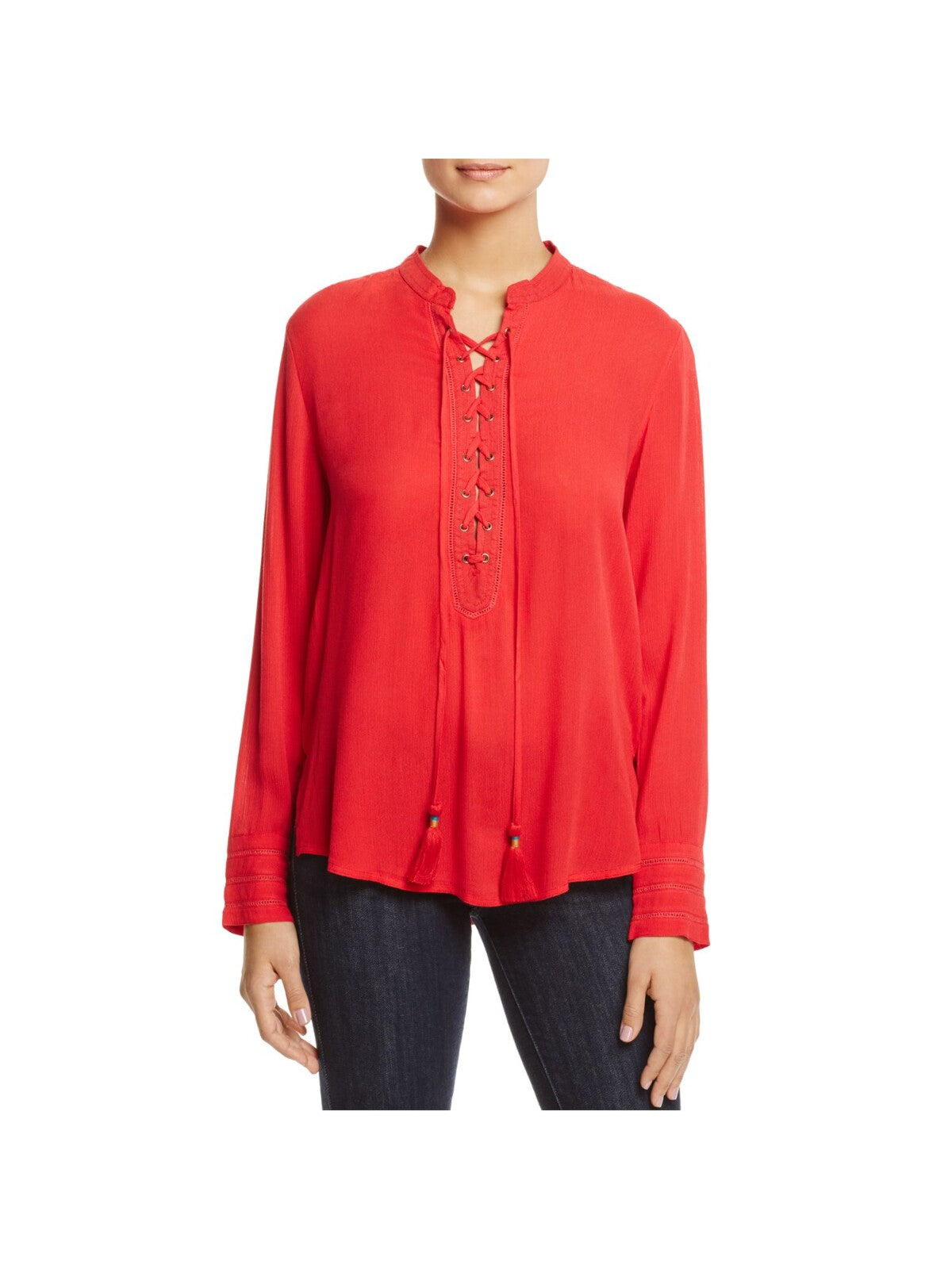JACHS GIRLFRIEND Womens Red Tie Split Lace Up Neck Cuffed Sleeve Top S