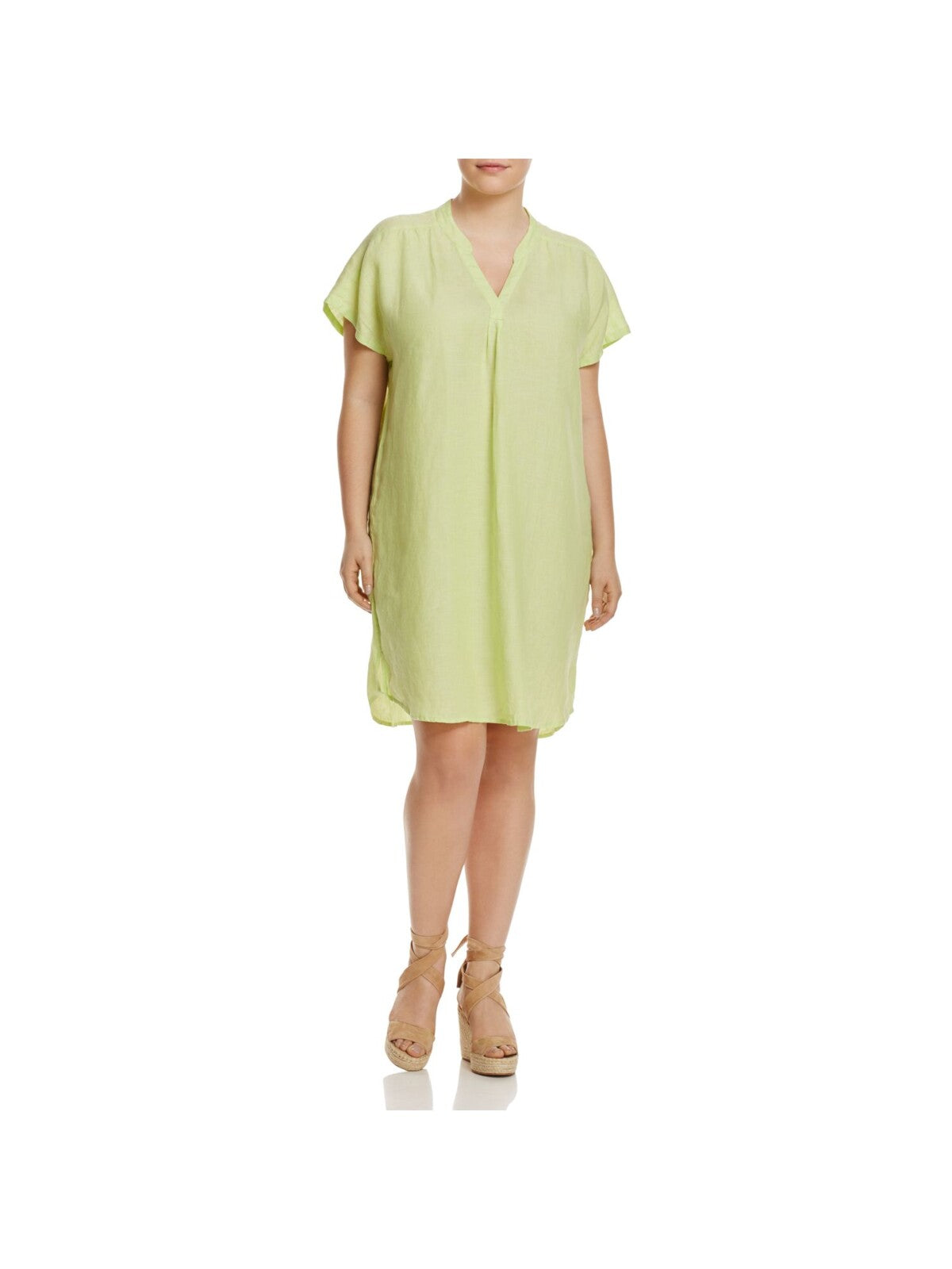 FOXCROFT Womens Green Pleated Slitted Curved Hem Short Sleeve V Neck Above The Knee Wear To Work Tunic Dress Plus 16W