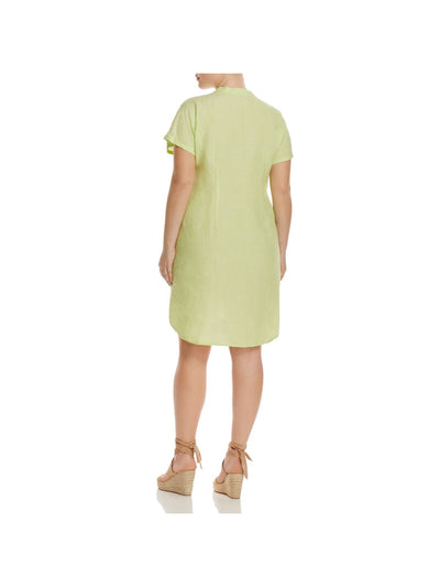 FOXCROFT Womens Green Pleated Slitted Curved Hem Short Sleeve V Neck Above The Knee Wear To Work Tunic Dress Plus 16W