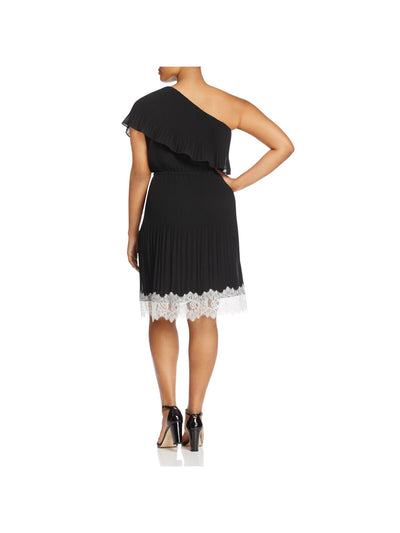 MICHAEL KORS Womens Black Lace Sheer Overlay Accordion Pleated Lined Color Block Flutter Sleeve Asymmetrical Neckline Knee Length Party Fit + Flare Dress Plus 22W