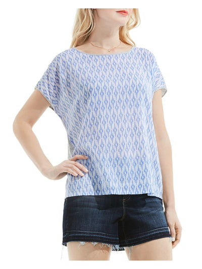 VINCE CAMUTO Womens Blue Sheer Printed Short Sleeve Jewel Neck Top Size: S