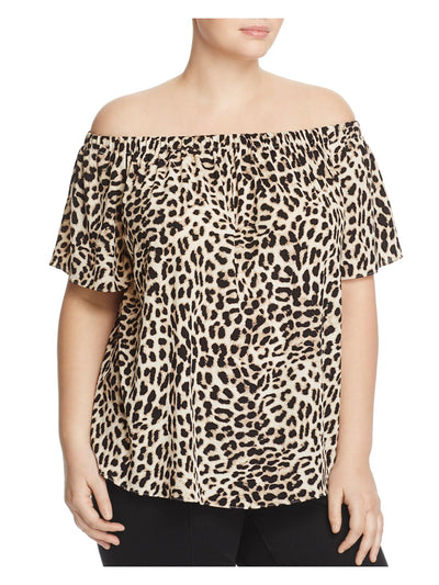 VINCE CAMUTO Womens Beige Animal Print Short Sleeve Off Shoulder Top Plus 3X