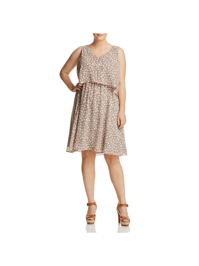 B COLLECTION Womens Gray Textured Pleated Popover Style Printed Sleeveless V Neck Above The Knee Wear To Work Dress Plus 2X