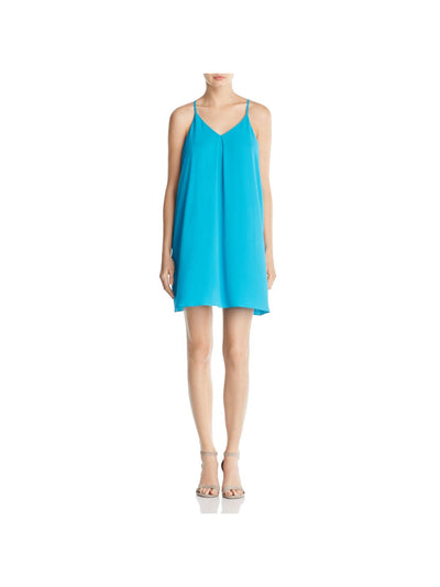 VINCE CAMUTO Womens Turquoise Pleated Adjustable Straps Spaghetti Strap V Neck Mini Evening Shift Dress S