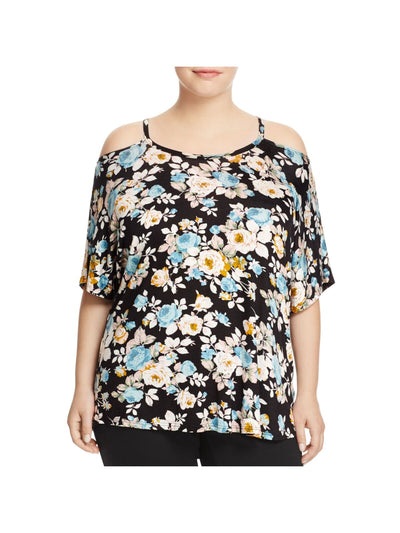 ALISON ANDREWS Womens Black Cold Shoulder Floral Short Sleeve Scoop Neck T-Shirt Plus 2X