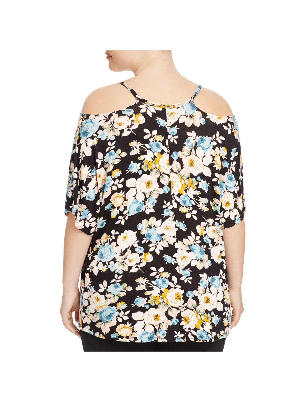 ALISON ANDREWS Womens Black Cold Shoulder Floral Short Sleeve Scoop Neck T-Shirt Plus 2X