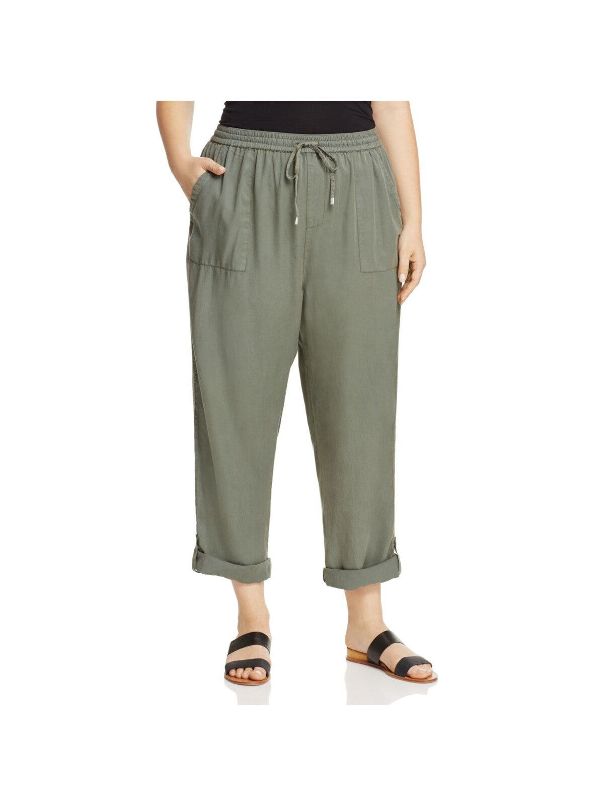 COLLECTION BY BOBEAU Womens Green Pocketed Tie Cropped Rolled Tab Hem Wide Leg Pants Plus 2X