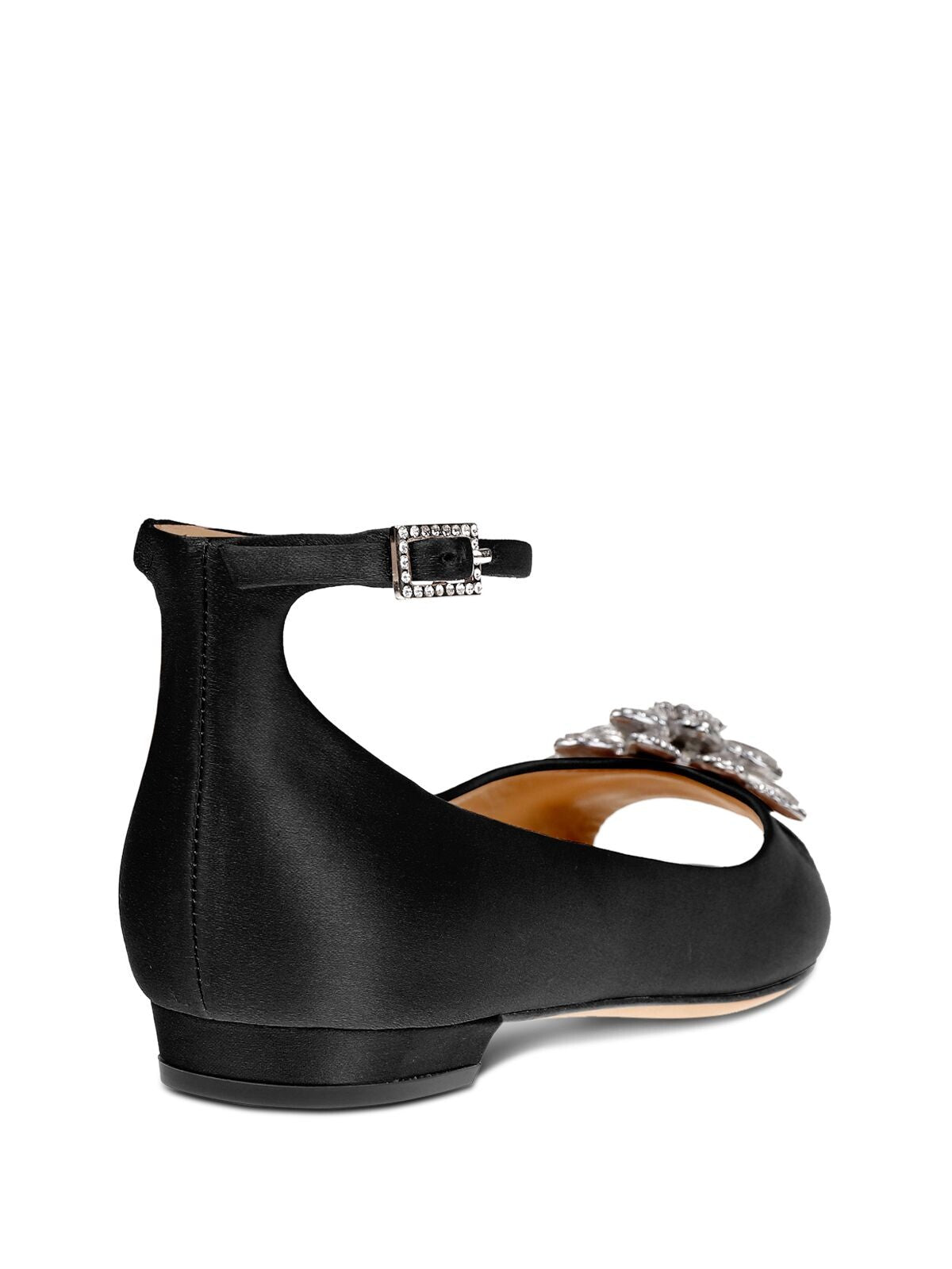 BADGLEY MISCHKA Womens Black Satin Adjustable Ankle Strap Rhinestone Cushioned Kaidence Peep Toe Buckle Dress Flats Shoes 6
