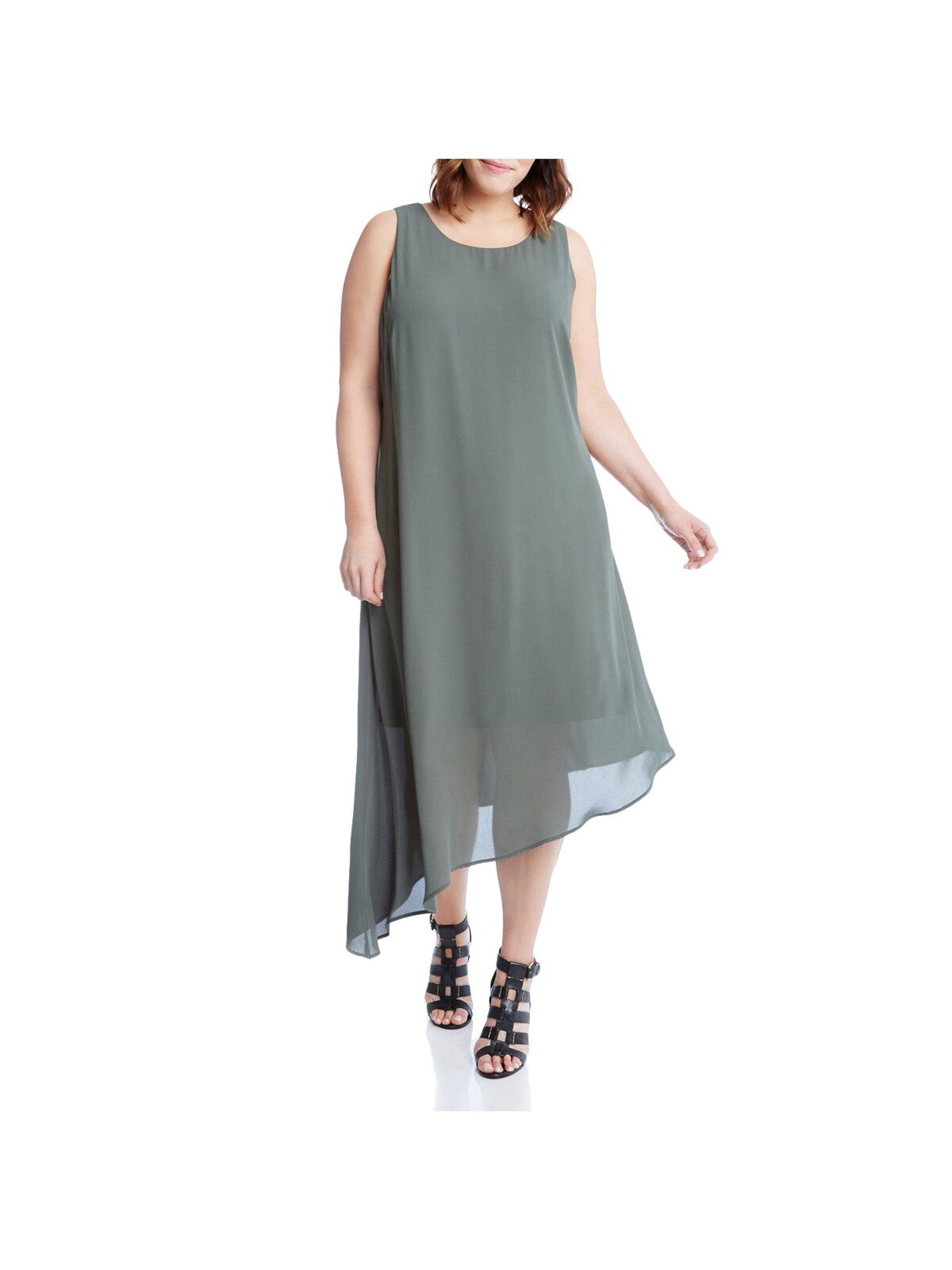 KAREN KANE Womens Zippered Sheer Asymmetrical Overlay Lined Sleeveless Round Neck Midi Shift Dress