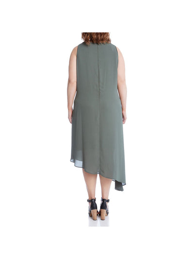 KAREN KANE Womens Green Zippered Sheer Asymmetrical Overlay Lined Sleeveless Round Neck Midi Shift Dress Plus 0X