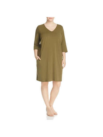EILEEN FISHER Womens Green Jersey Pocketed 3/4 Sleeve V Neck Above The Knee Shift Dress Plus 1X