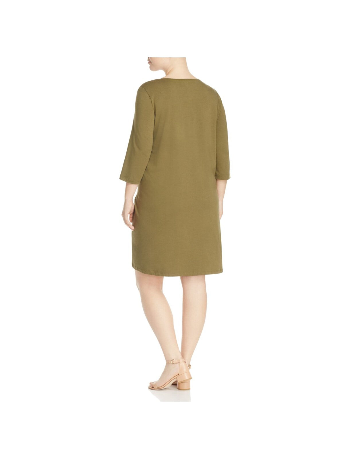 EILEEN FISHER Womens Green Jersey Pocketed 3/4 Sleeve V Neck Above The Knee Shift Dress Plus 1X