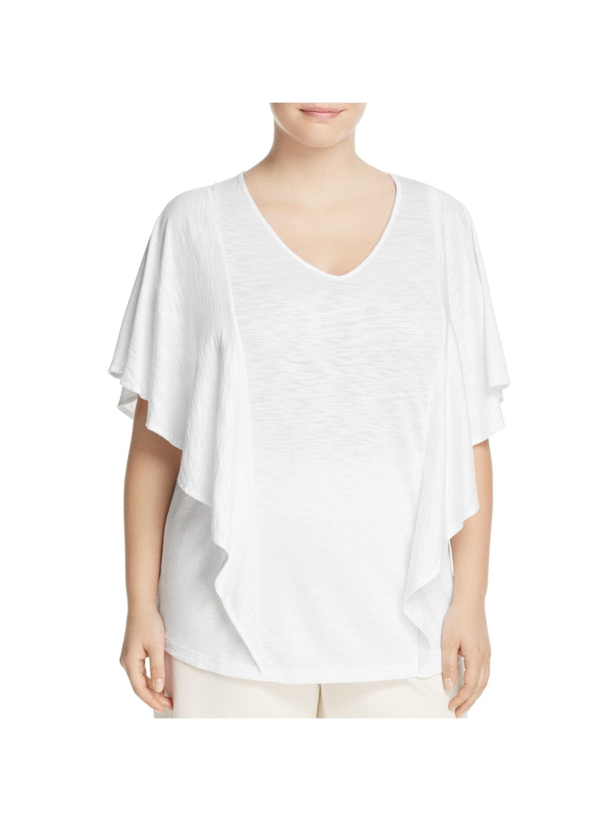 FOXCROFT Womens White Ruffled Flutter Sleeve V Neck T-Shirt Plus 1X