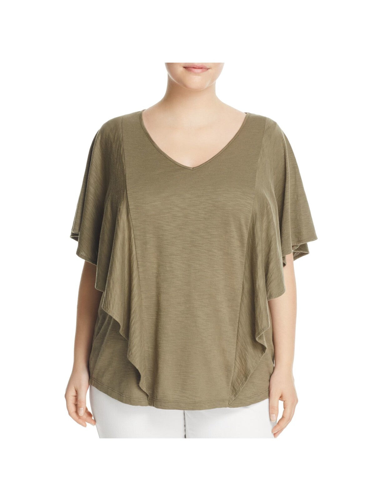 FOXCROFT Womens Green Ruffled Flutter Sleeve V Neck T-Shirt Plus 2X