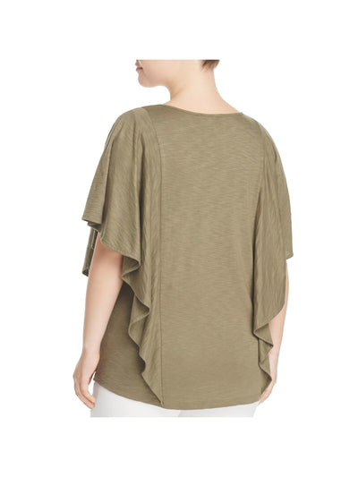 FOXCROFT Womens Green Ruffled Flutter Sleeve V Neck T-Shirt Plus 2X
