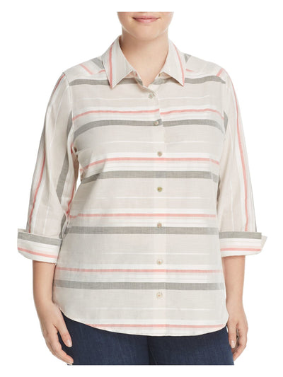 FOXCROFT Womens Beige Striped 3/4 Sleeve Button Up Top Plus 16W