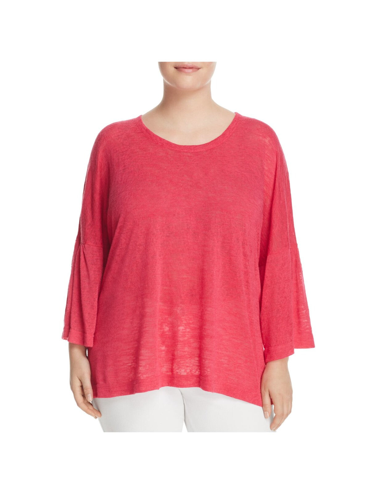 NALLY & MILLIE Womens Pink Stretch Sheer Slitted Bell Sleeve Scoop Neck Wear To Work Top Plus 1X