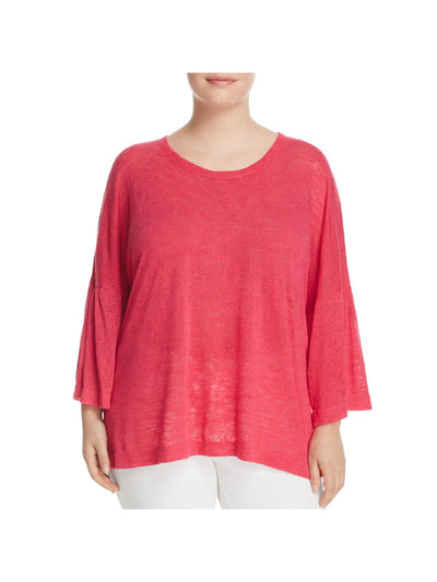 NALLY & MILLIE Womens Pink Stretch Sheer Slitted Bell Sleeve Scoop Neck Wear To Work Top Plus 1X