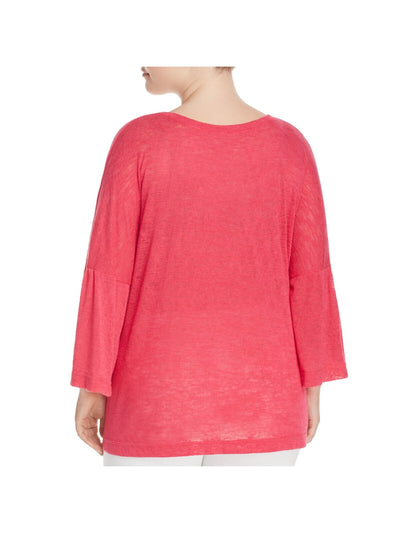 NALLY & MILLIE Womens Pink Stretch Sheer Slitted Bell Sleeve Scoop Neck Wear To Work Top Plus 2X