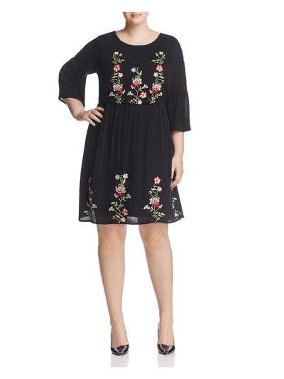 JUNAROSE Womens Black Stretch Embroidered Lined Floral 3/4 Sleeve Round Neck Above The Knee Evening Shift Dress 14