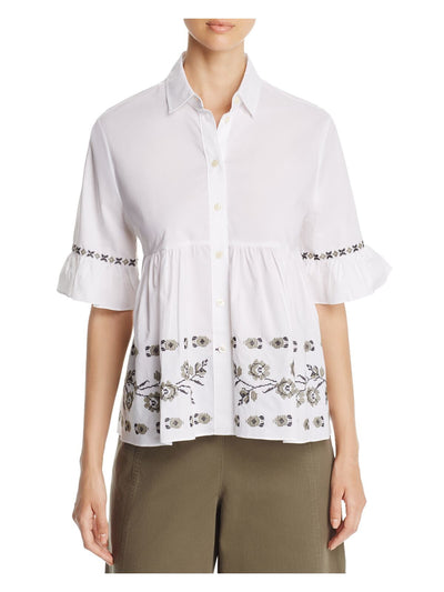 KATE SPADE NEW YORK Womens White Embroidered Pleated Ruffled Floral Elbow Sleeve Collared Button Up Top XS