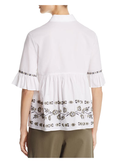 KATE SPADE NEW YORK Womens White Embroidered Pleated Ruffled Floral Elbow Sleeve Collared Button Up Top XS