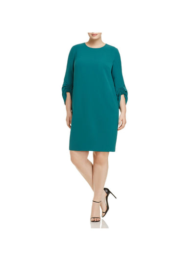 LAFAYETTE 148 Womens Green Smocked Zippered Lined 3/4 Sleeve Jewel Neck Above The Knee Wear To Work Shift Dress Plus 18W