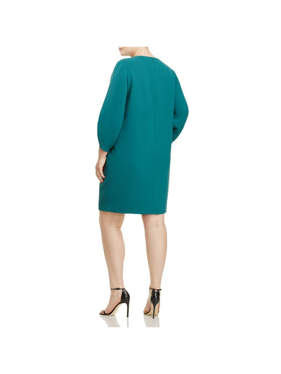 LAFAYETTE 148 Womens Green Smocked Zippered Lined 3/4 Sleeve Jewel Neck Above The Knee Wear To Work Shift Dress Plus 18W