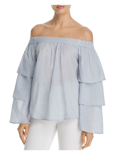 L'ACADEMIE Womens White Pinstripe Bell Sleeve Off Shoulder Top Size: M