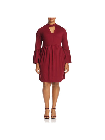 JUNAROSE Womens Burgundy Cut Out Bell Sleeve Mock Neck Above The Knee Cocktail Fit + Flare Dress Plus 0X