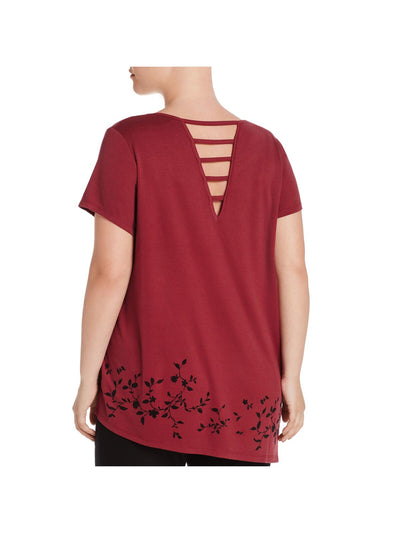 LOVE SCARLETT Womens Maroon Cut Out Printed Short Sleeve Jewel Neck Top Plus 0X