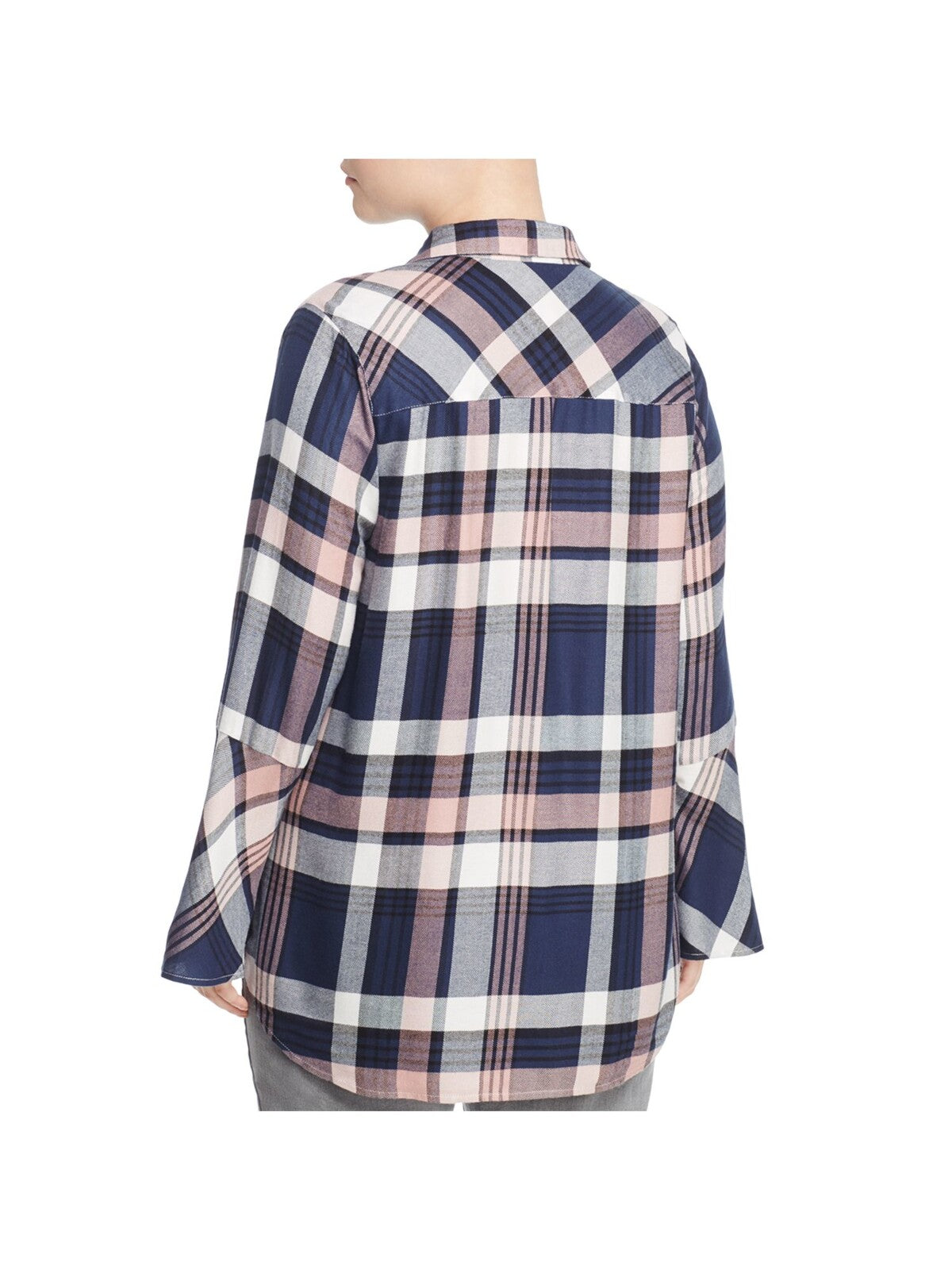 VINCE CAMUTO Womens Navy Pocketed Curved Hem Plaid Bell Sleeve Collared Button Up Top Plus 3X
