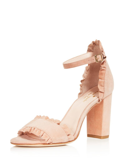 KATE SPADE NEW YORK Womens Pink Padded Adjustable Ruffled Ankle Strap Odele Round Toe Block Heel Buckle Suede Sandals 10 M