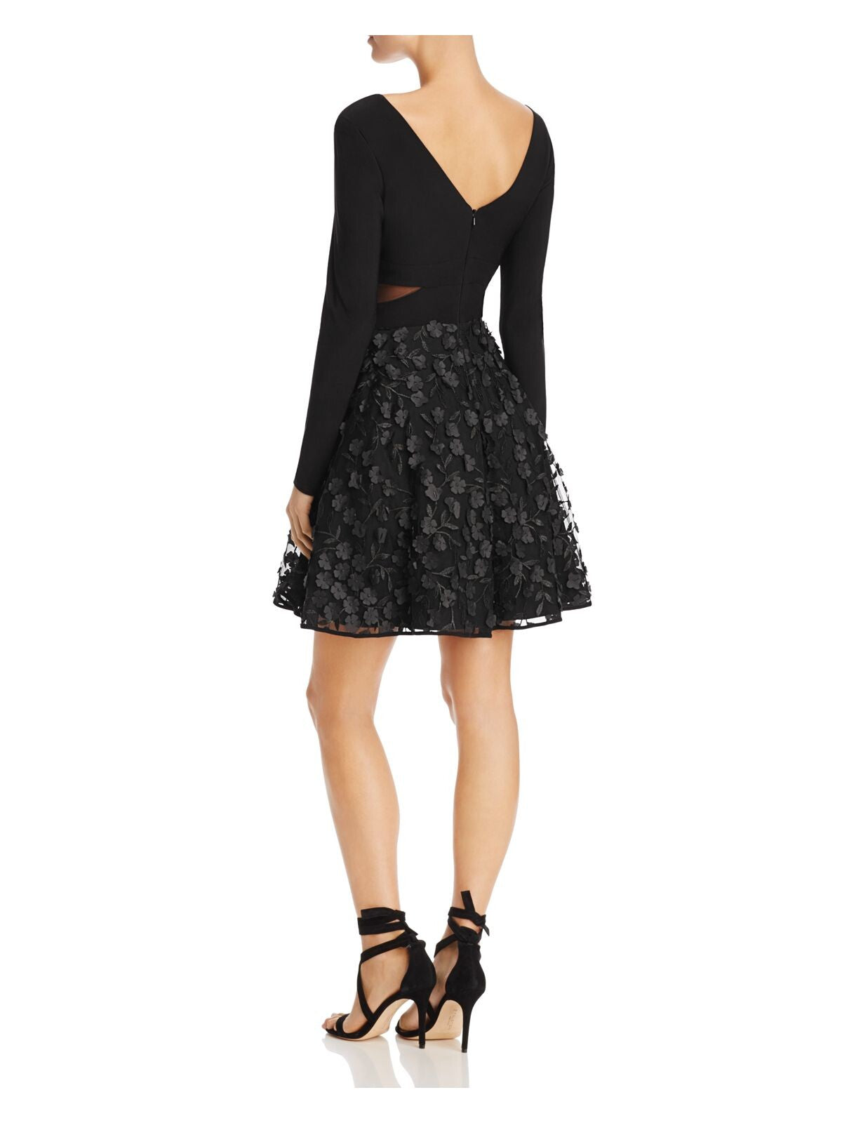 AQUA FORMAL Womens Black Sheer Zippered Floral Applique Long Sleeve V Neck Short Party Fit + Flare Dress 12