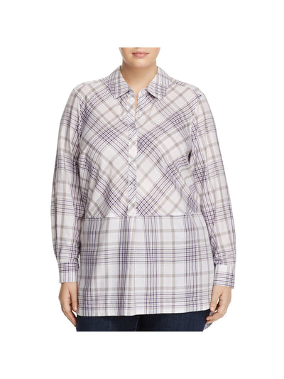 FOXCROFT Womens Gray Plaid Cuffed Sleeve Collared Tunic Top Plus 14W