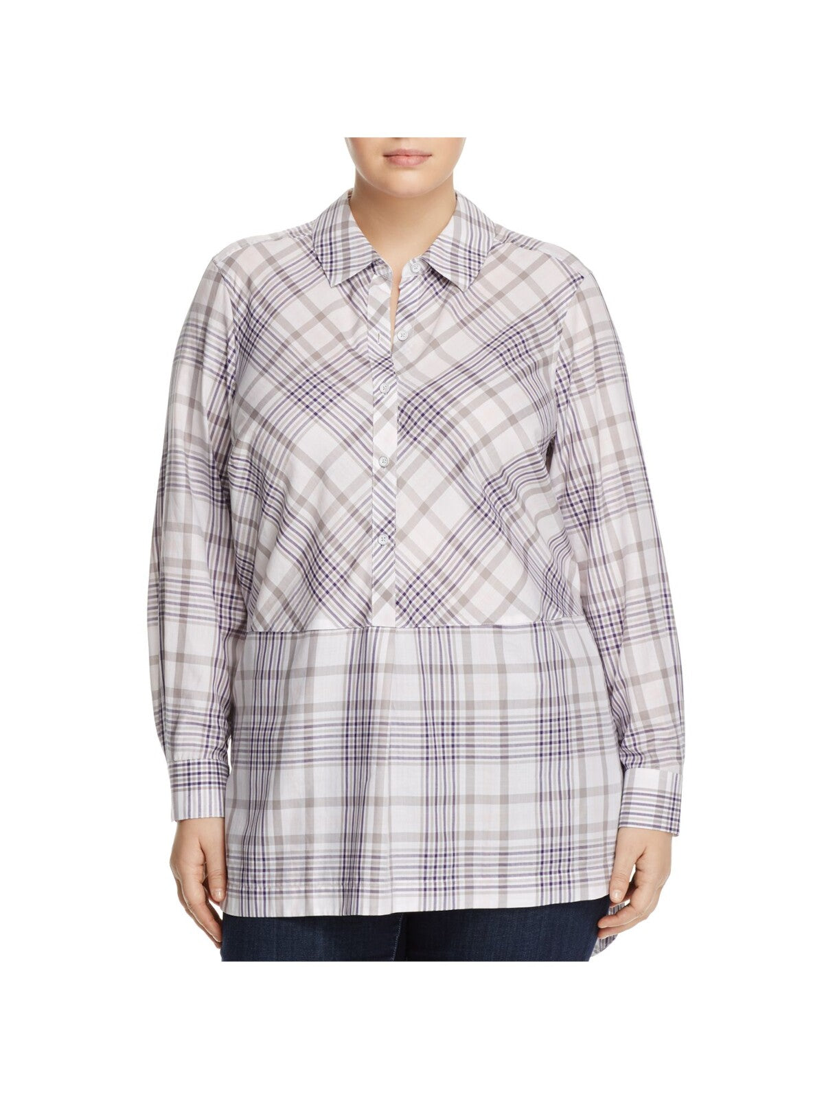 FOXCROFT Womens Gray Plaid Cuffed Sleeve Collared Tunic Top Plus 20W