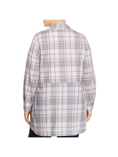 FOXCROFT Womens Gray Plaid Cuffed Sleeve Collared Tunic Top Plus 14W