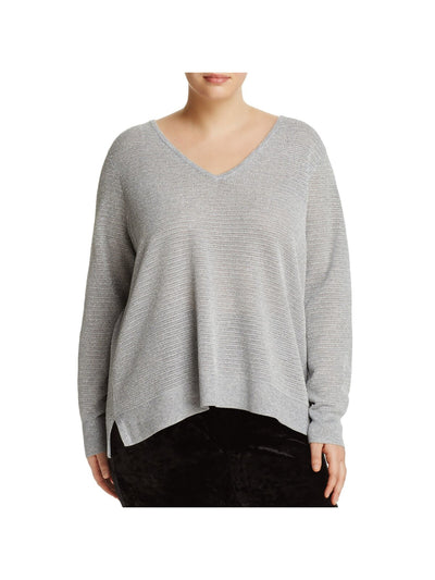 NYDJ Womens Gray Metallic Ribbed Openwork Long Sleeve V Neck Sweater Plus 3X