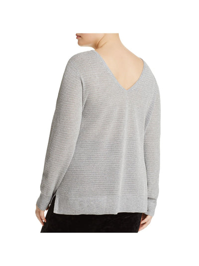 NYDJ Womens Gray Metallic Ribbed Openwork Long Sleeve V Neck Sweater Plus 3X