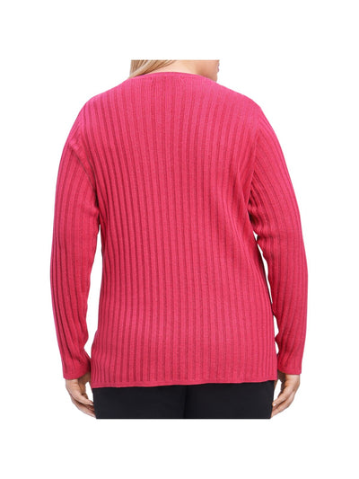 FOXCROFT Womens Pink Glitter Ribbed Long Sleeve Crew Neck Sweater Plus 3X