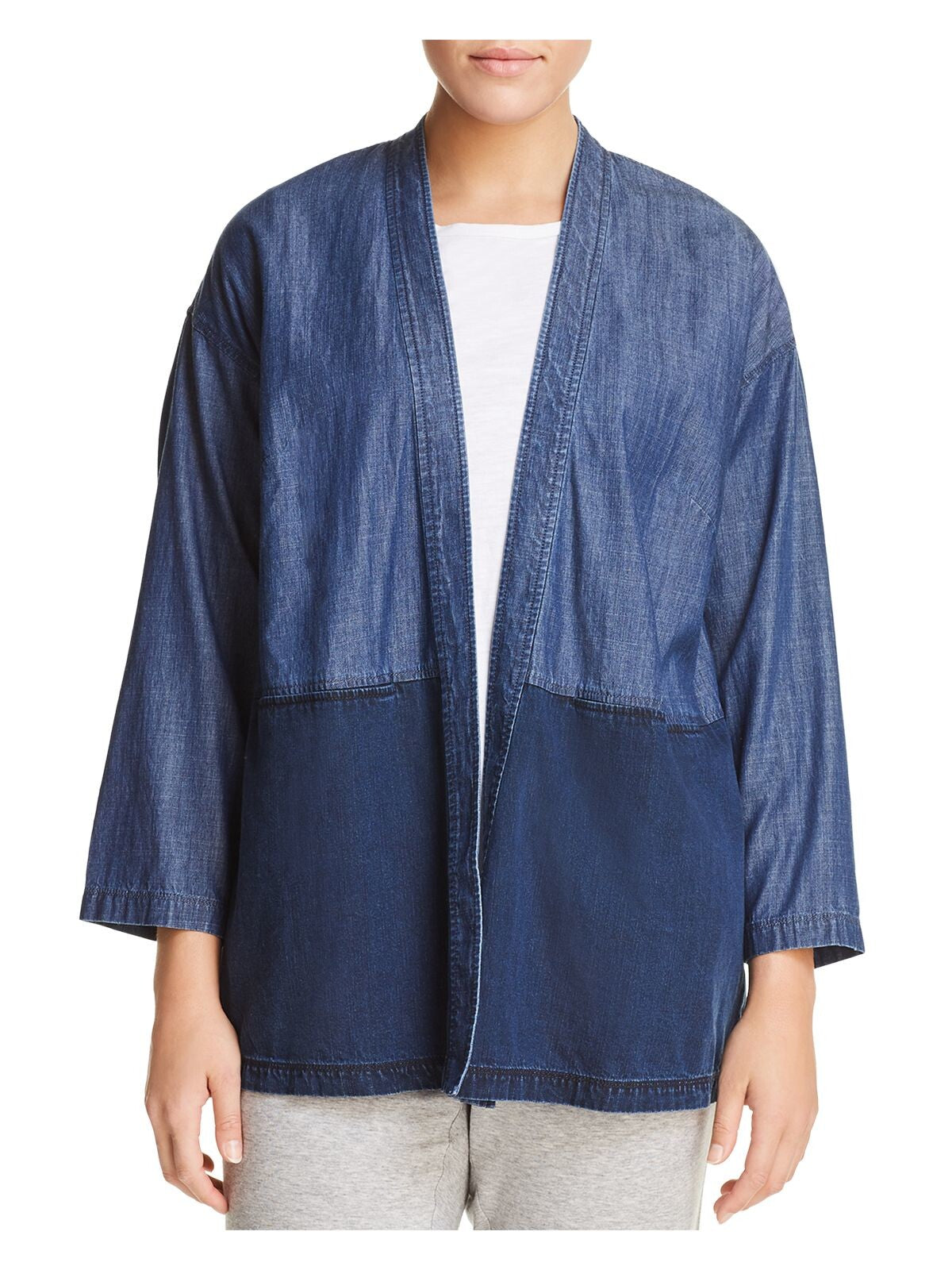 EILEEN FISHER Womens Navy Pocketed Kimono Jacket Color Block Long Sleeve Jacket Plus 1X